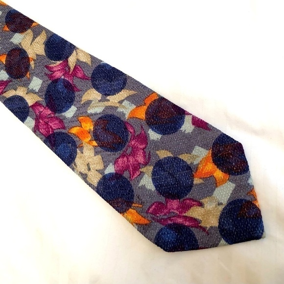 UNGARO Paris Purple Blue Circles Pink Orange Cream Flowers Silk Tie Necktie - Picture 4 of 16